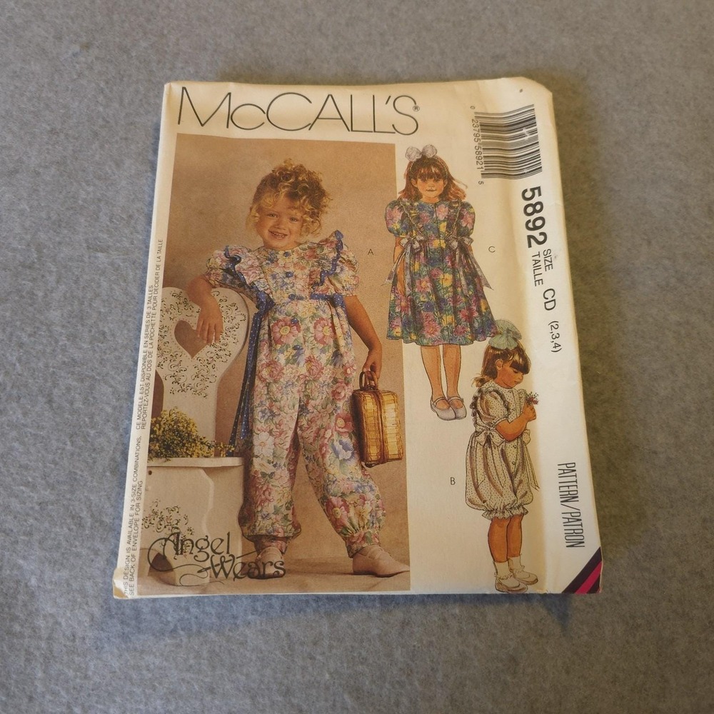 UNCUT McCall's 5892 Angel Wears Girl's Dress Romper Pattern 2-4 Puffy Sleeves